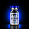 A glass vial with a blue cap labeled GLUTATHIONE 1500 mg from Pureform Labs, designed for laboratory use only.