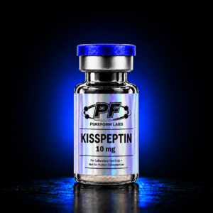 Vial labeled Kisspeptin 10 mg from Pureform Labs, for laboratory use only, not for human consumption, against a dark blue background.