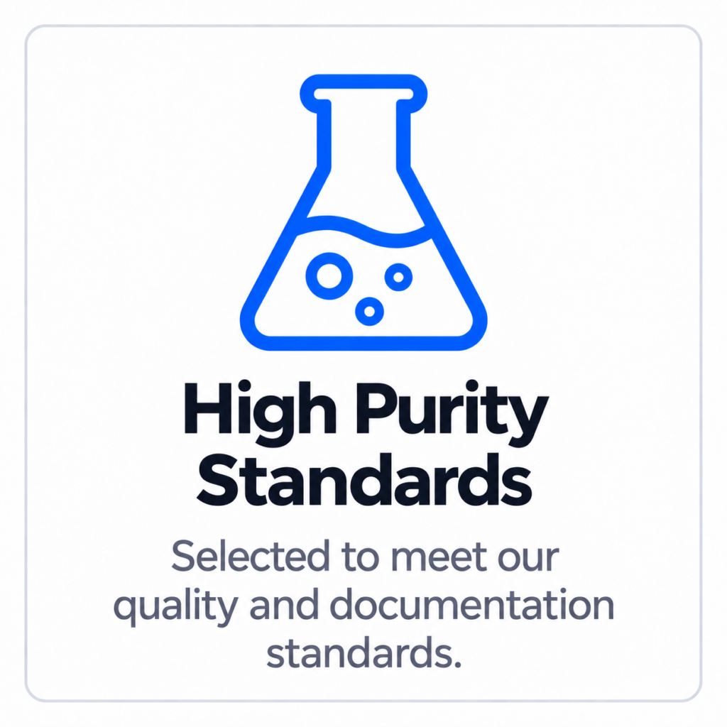 Blue laboratory flask icon with bubbles above the base, captioned 'High Purity Standards' and a subtitle about meeting quality and documentation standards.