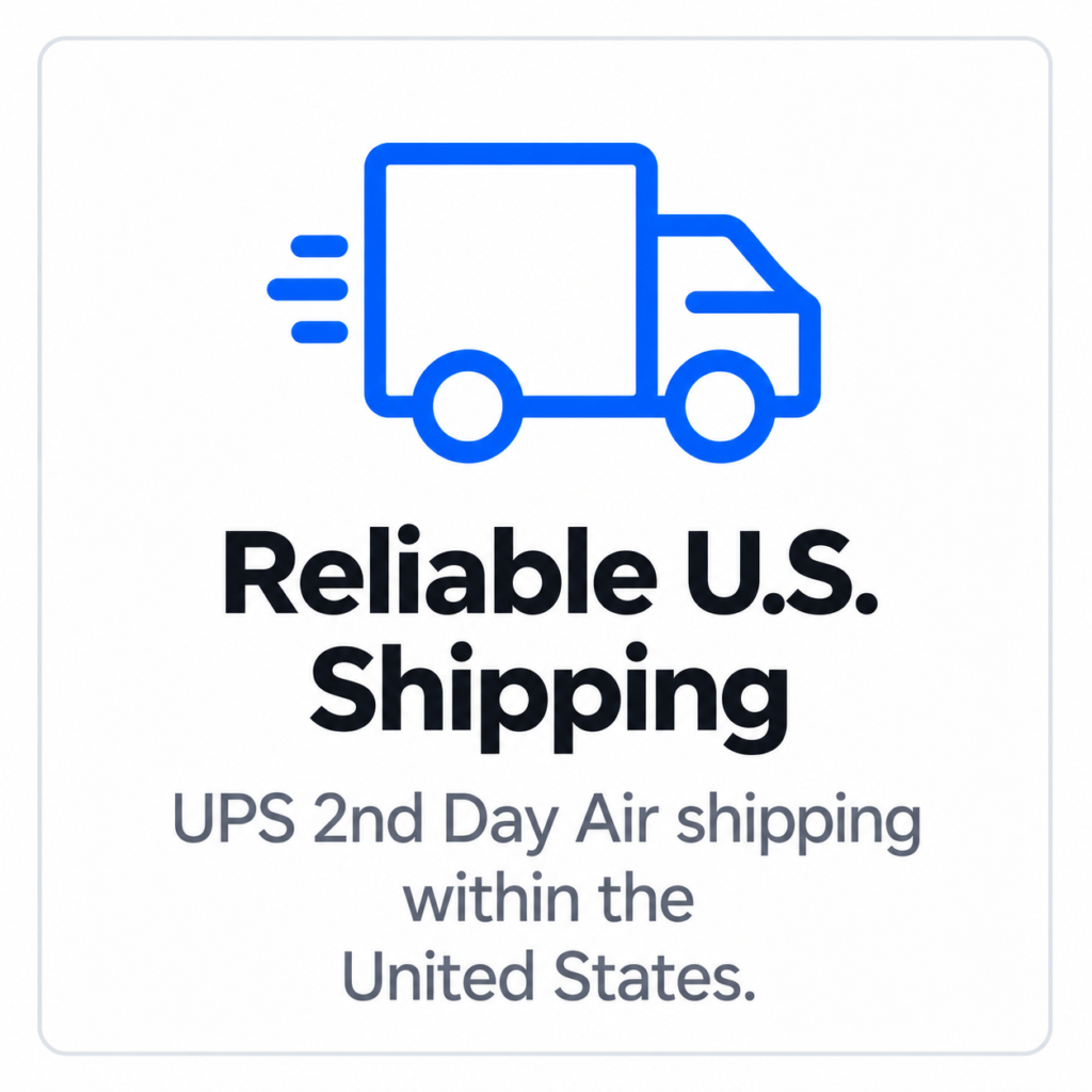 Blue line-art delivery truck with motion lines and the words “Reliable U.S. Shipping.” (UPS 2nd Day Air text below)