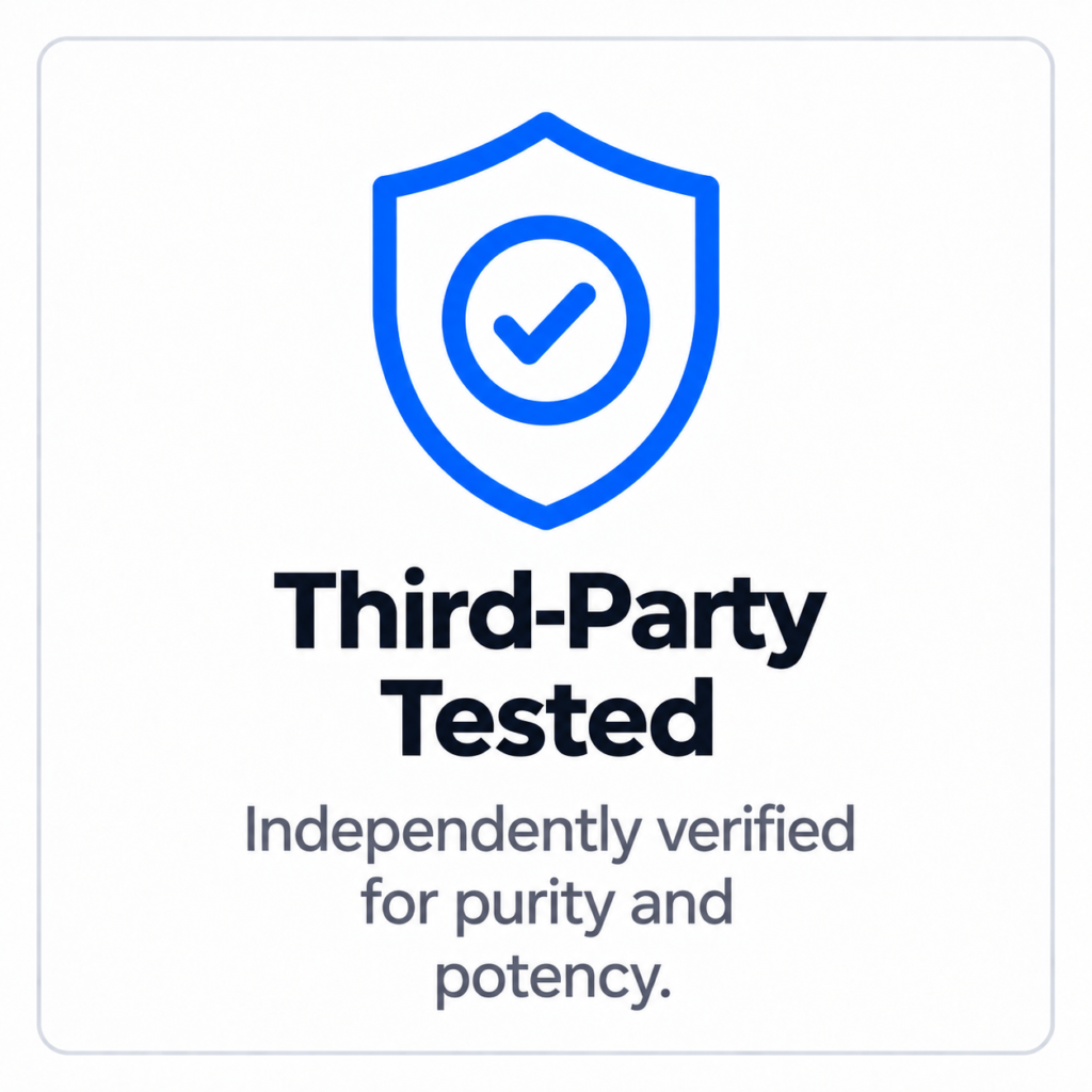 Third-Party Tested badge with a blue shield and check mark; text reads 'Third-Party Tested' and 'Independently verified for purity and potency'