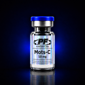 A glass vial with a blue cap labeled PF Pureform Labs Mots-C 10 mg; note says For Laboratory Use Only—Not for Human Consumption.