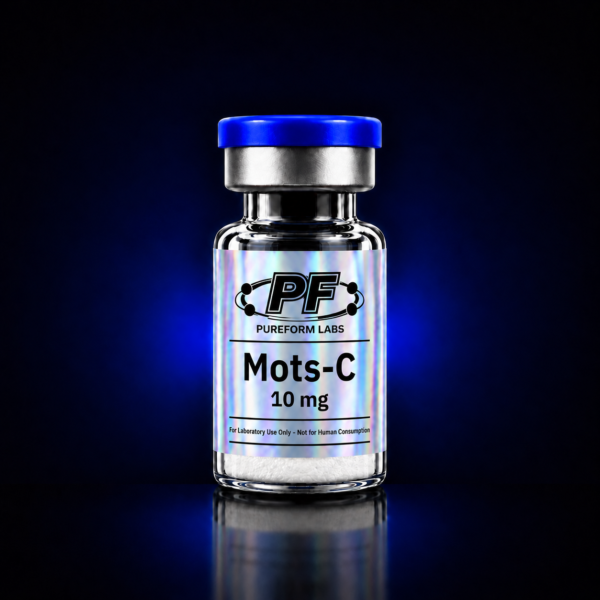 MotsC 10mg - PureForm Labs A glass vial with a blue cap labeled PF Pureform Labs Mots-C 10 mg; note says For Laboratory Use Only—Not for Human Consumption.